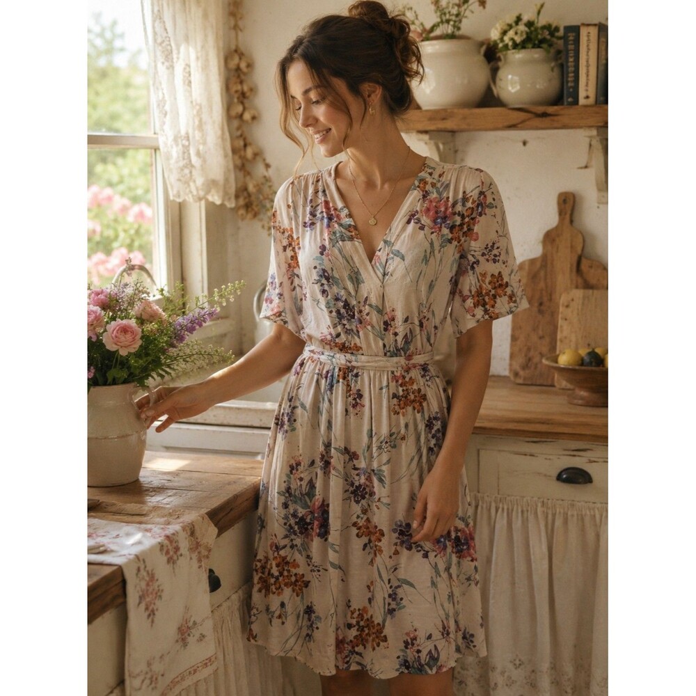 Love Stitch Floral Wrap Dress Sz S Pastel Pink Flutter Feminine Romantic Boho